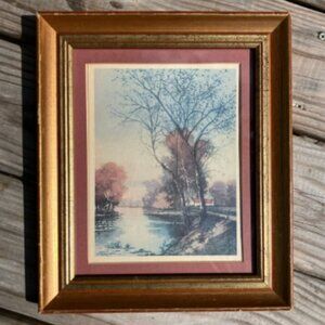 Vintage Golden Framed Artwork Cottagecore Landscape Painting Victorian Decor Art